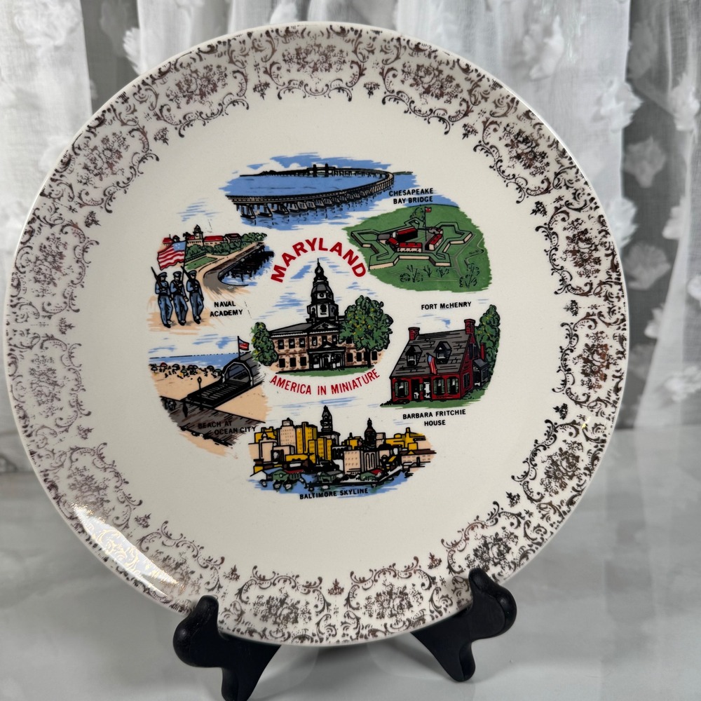 Vintage Maryland Landmark Souvenir Collector Plate‎ Gold Filigree Floral Edge